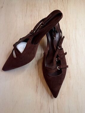 Women's Brown Suede Pointed Toe Slingback Heels with Buckle Straps